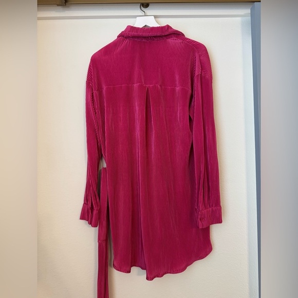 Hot Pink Plisse Button-Up Long Sleeve Belted Shirt Dress, Hot Pink Mini Dress - Picture 9 of 10